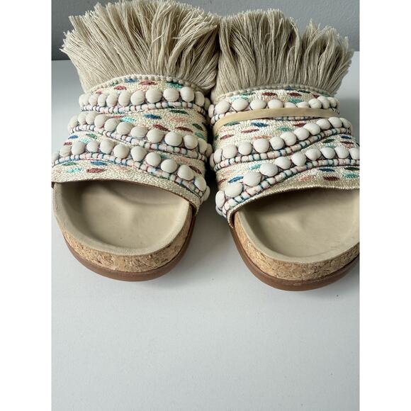 Chloé Nolan Tapestry Fringe Slides Sandals Size 36 Beige Boho Raffia Beaded Trim - Picture 7 of 14
